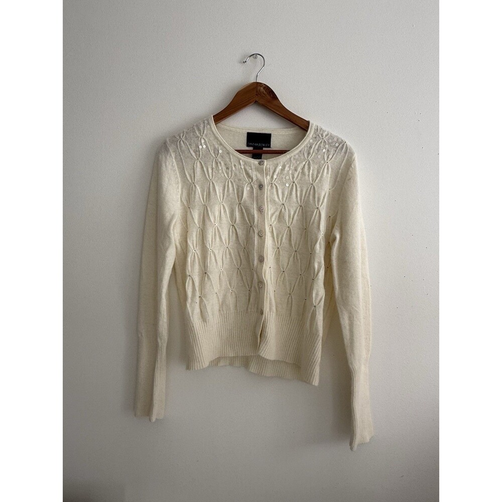 ✿ Cynthia Rowley Cream Angora Blend Beaded Button Cardigan Sweater M Ivory Chic!